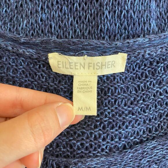 Eileen Fisher Organic Linen Asymmetrical Open Knit Sweater Womens Size M Navy - Picture 2 of 7